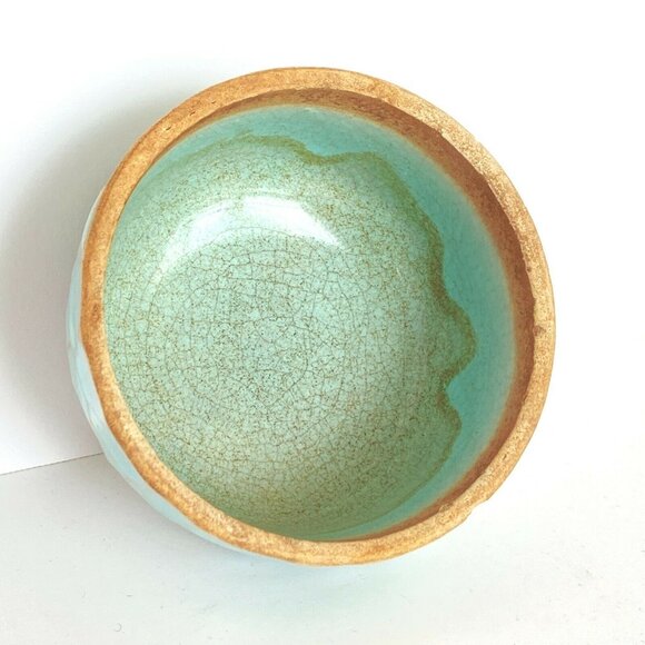 Vintage Celadon Blue Green Honeycomb Glazed Covered Bowl Lid Trinket Box 3.2" - Picture 8 of 11